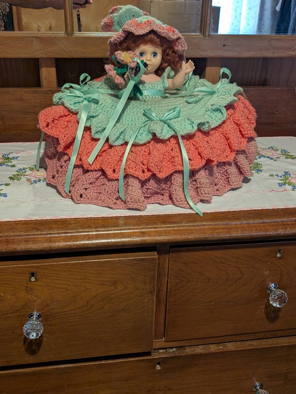 VINTAGE Rare BED PILLOW DOLL Green White Pink Mauve Handmade Crocheted Dress